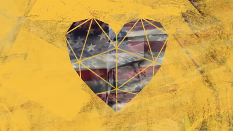 Animation-of-diamond-heart-and-yellow-texture-over-american-flag-and-diverse-male-soldiers