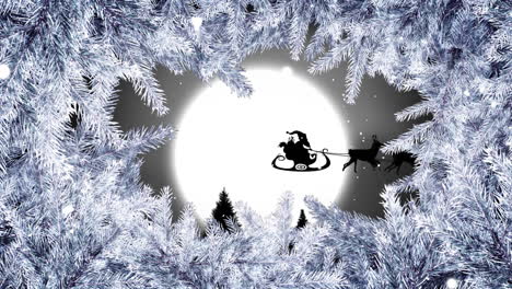 Animation-of-santa-claus-in-sleigh-and-tree-branches-over-winter-scenery