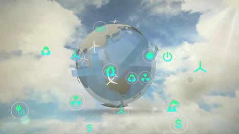 Animation-Von-Symbolen-Und-Globus-Mit-Flugzeugen-über-Einem-Himmel-Mit-Wolken