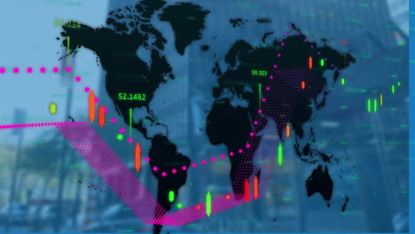 Animation-Der-Verarbeitung-Finanzieller-Daten-über-Einer-Weltkarte-Und-Einem-Gebäude