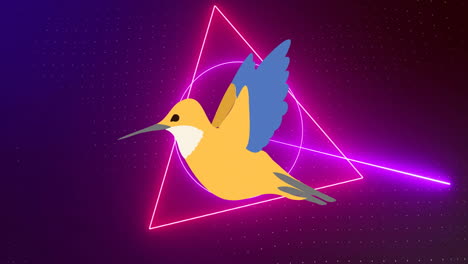 Animation-of-bird-icon-over-neon-shapes-moving-on-black-background