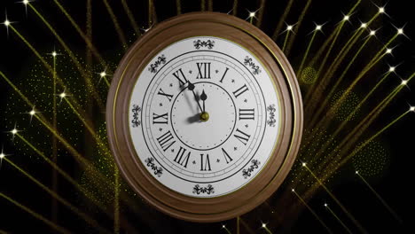 Animation-of-retro-clock-ticking-showing-midnight-with-fireworks-on-black-background