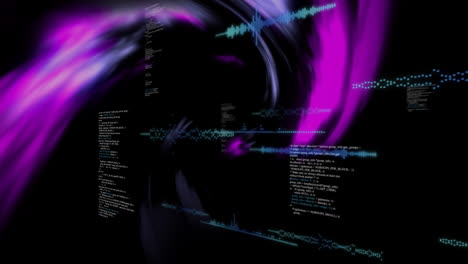 Animation-of-data-processing-and-purple-light-trails-over-black-background