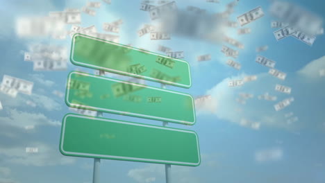 Animation-of-dollar-bills-over-road-sign-with-copy-space-and-sky-with-clouds