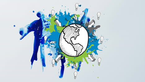 Animation-of-globe-and-light-bulbs-over-blue-paint-splash