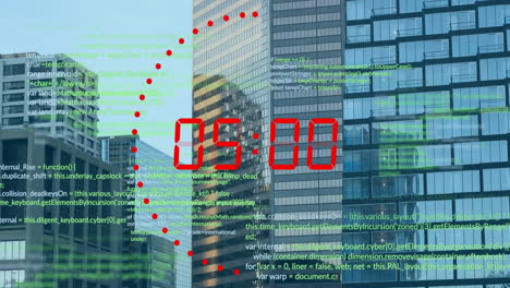 Animation-of-data-processing-and-countdown-over-cityscape