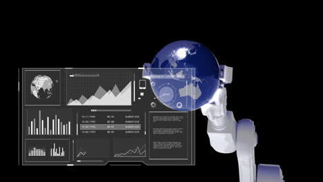 Animation-of-data-processing-over-robot's-arm-holding-globe-on-black-background