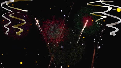 Animation-of-party-streamers-and-fireworks-on-black-background