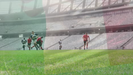 Animación-De-La-Bandera-De-Nigeria-Sobre-Diversos-Jugadores-De-Rugby-Masculinos-Jugando-En-El-Estadio.