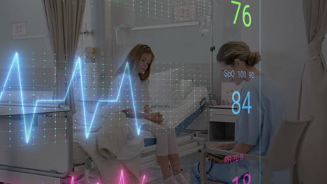 Animation-of-data-processing-over-caucasian-female-doctor-with-girl-patient