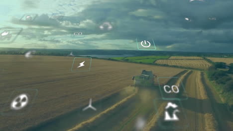 Animation-Von-Öko-Symbolen-Und-Datenverarbeitung-über-Landwirtschaftliche-Flächen-Auf-Dem-Land
