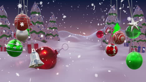 Animation-Von-Schnee,-Der-über-Weihnachtsdekorationen-Und-Winterlandschaften-Fällt
