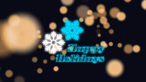 Animation-of-happy-holidays-text-and-snowflakes-with-spots-of-light-on-black-background