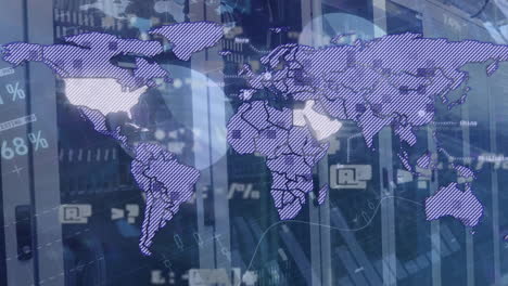 Animación-Del-Procesamiento-De-Datos-Financieros-Y-Mapa-Mundial-Sobre-Servidores-Informáticos