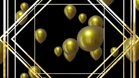 Animation-of-gold-balloons-with-gold-pattern-on-black-background