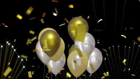 Animation-Von-Goldenen-Und-Silbernen-Luftballons-Mit-Konfetti-Auf-Schwarzem-Hintergrund