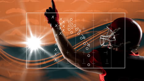 Animation-of-game-tactics-with-arrow-and-symbols-over-rugby-male-player-pointing-finger-at-sky