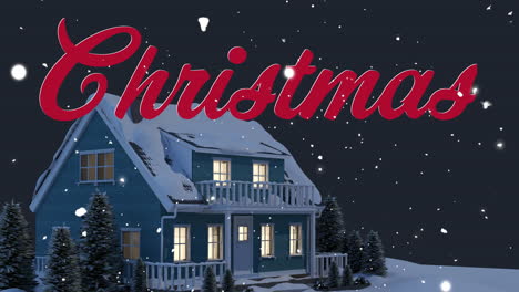 Animation-Von-Rotem-Weihnachtstext-Und-Schnee,-Der-In-Einer-Winterlandschaft-über-Ein-Haus-Fällt