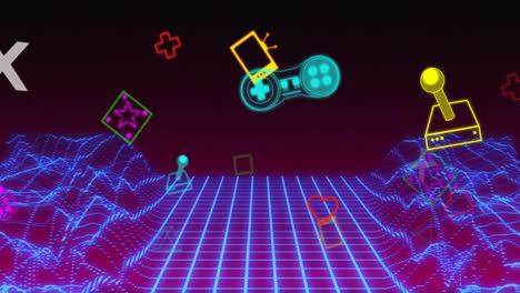 Animation-Von-Videospielsymbolen-Und-Neonmuster-Auf-Schwarzem-Hintergrund