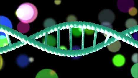 Animation-Eines-Sich-Drehenden-DNA-Strangs-Mit-Leuchtenden-Lichtspuren-Auf-Dunklem-Hintergrund