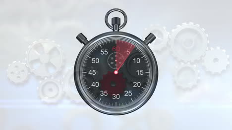 Animation-of-stop-watch-ticking-over-cogs-working-in-background
