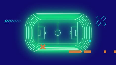 Animation-of-shapes-over-neon-stadium-on-blue-background