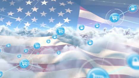 Animation-of-network-of-shopping-and-security-icons-over-flag-of-america-and-cloudy-sky