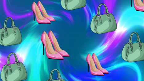 Animation-of-green-shoes-and-handbags-on-colourful-background