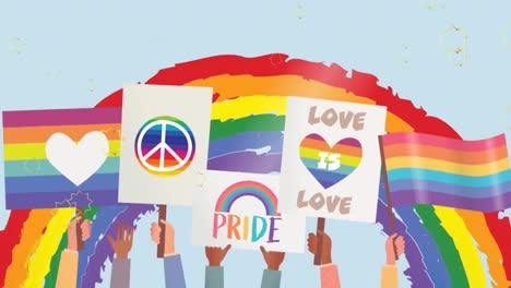 Animation-of-illustrative-hands-holding-banner-with-lgbtqi-symbols-over-rainbow