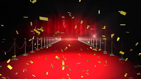 Animation-of-falling-confetti-over-red-carpet-on-black-background