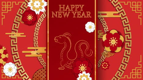 Animation-of-happy-new-year-text-and-dragon-symbol-with-chinese-pattern-background