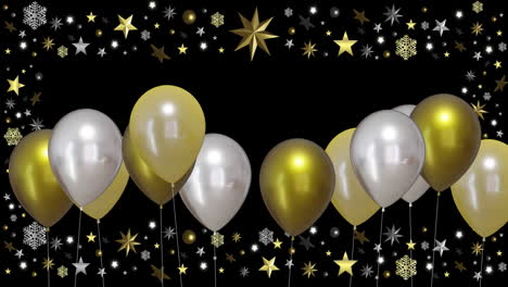 Animation-of-gold-and-silver-balloons-with-stars-on-black-background