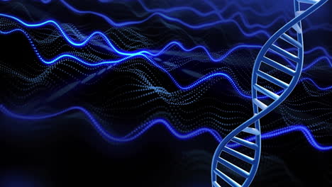 Animation-of-dna-strand-spinning-with-copy-space-and-blue-light-trails-over-black-background