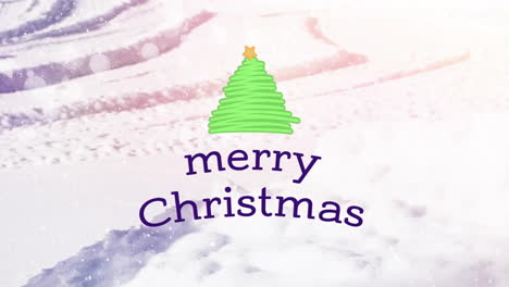 Animation-Des-Textes-„Frohe-Weihnachten“-Und-Schnee,-Der-über-Den-Weihnachtsbaum-In-Der-Winterlandschaft-Fällt