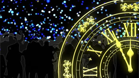 Animation-of-clock-showing-midnight,-people-dancing-and-fireworks-exploding-on-black-background