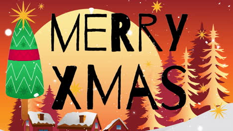 Animation-of-merry-xmas-text-over-snow-and-winter-landscape