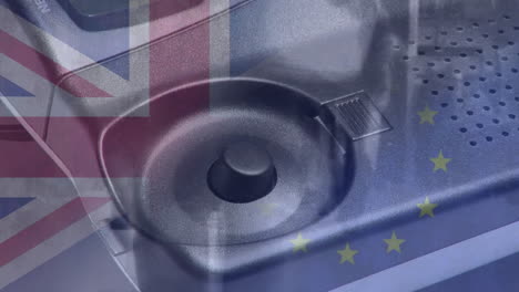 Animation-Eines-Telefons,-Der-Flaggen-Der-EU-Und-Des-Vereinigten-Königreichs-über-Menschen,-Die-Auf-Einem-Zebrastreifen-Gehen