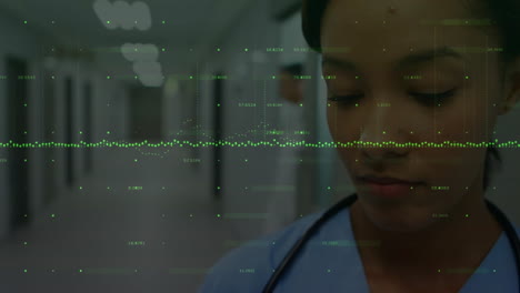 Animation-Der-Datenverarbeitung-über-Eine-Gemischtrassige-Ärztin-Im-Krankenhaus