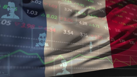 Animation-Der-Verarbeitung-Finanzieller-Daten-Mit-Personenporträts-über-Der-Flagge-Frankreichs