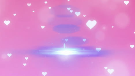 Animation-of-hearts-and-glowing-spots-of-light-on-pink-background