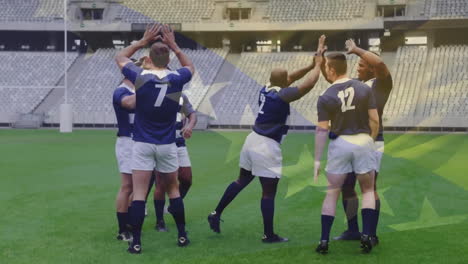 Animation-of-flag-of-bosnia-and-herzegovina-over-diverse-male-rugby-players-high-fiving-at-stadium