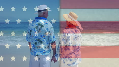 Animation-of-flag-of-usa-over-diverse-senior-couple-on-beach-in-summer