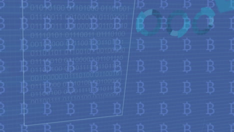 Animation-Der-Verarbeitung-Finanzieller-Daten-über-Bitcoin-Symbolen-Auf-Blauem-Hintergrund