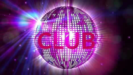 Animation-of-club-text-over-disco-ball-on-black-background