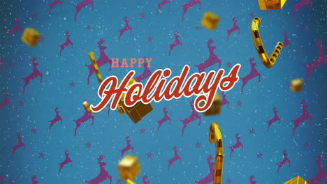 Animation-of-happy-holidays-text,-falling-gift-boxes,-candy-canes-with-reindeers-on-blue-background