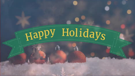 Animation-of-happy-holidays-text-over-christmas-decorations-and-snow-falling