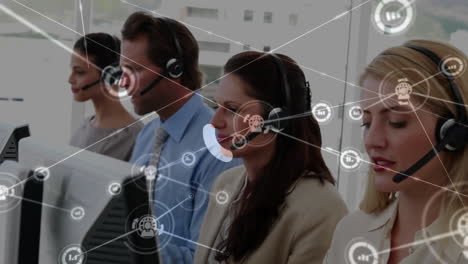 Animation-of-connected-icons,-diverse-call-center-agents-solving-customer-queries-over-headsets