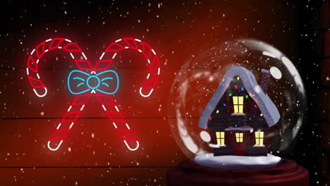 Animation-of-candy-canes-neon-over-christmas-snow-globe-with-house-on-red-background