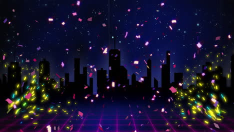 Animation-of-confetti-and-cityscape-on-blue-background