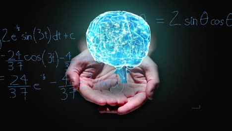 Animation-of-caucasian-hands-and-glowing-brain-over-mathematical-equations-on-black